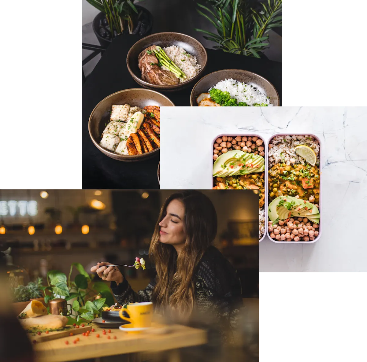 Woman enjoying food, meals in storage container and food bowls on a table